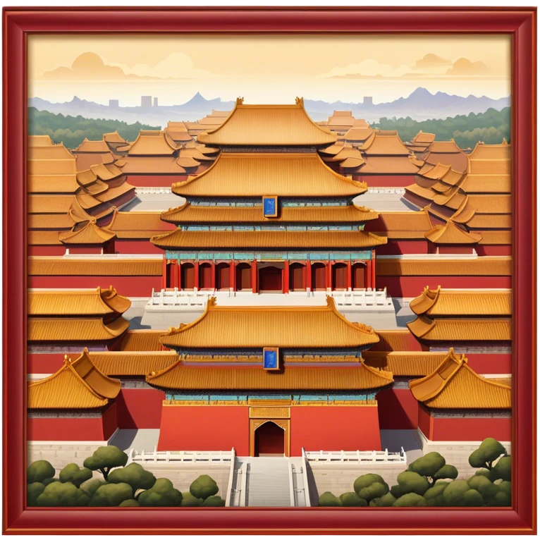 Cinematic Realistic Forbidden City Landmark Emoji, depicting grand imperial architecture with golden rooftops, vast courtyards, and intricate wooden carvings, all surrounded by towering red walls. emoji