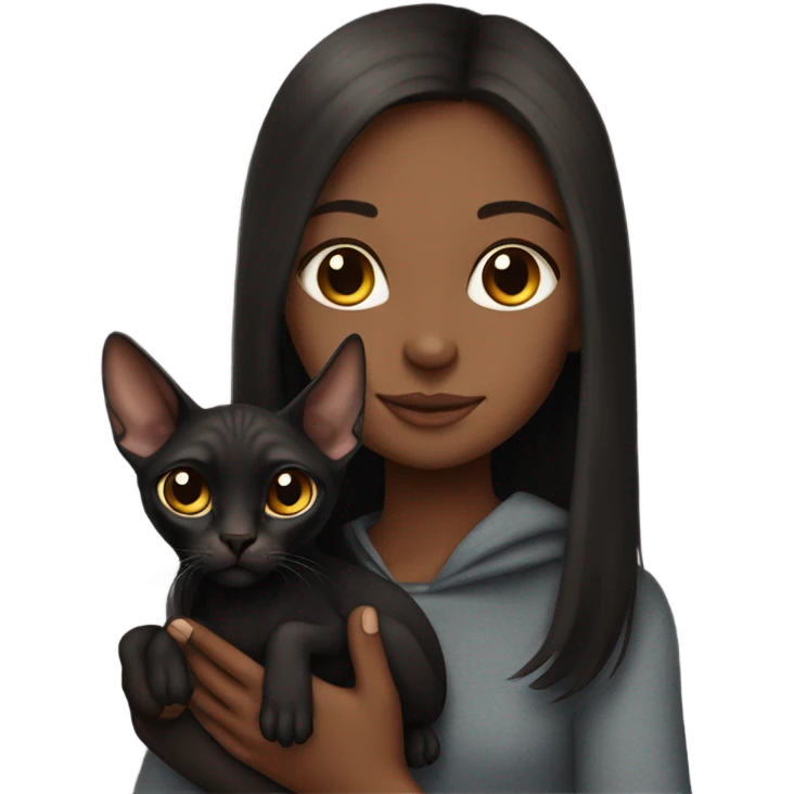 Black sphinx cat in the arms of a girl with long brown hair emoji