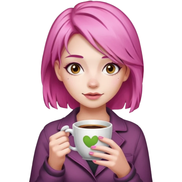 сделай молодую девушку с розовыми волосами, накрашенную красиво, с стаканчиком кофе и с инстаграмным выражением лица emoji