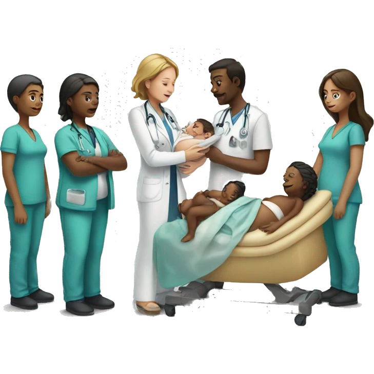 a woman gives birth and doctors stand nearby emoji