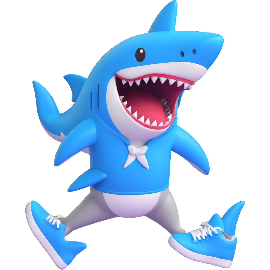 shark with legs and blue sneakers, emoji style, transparent background emoji
