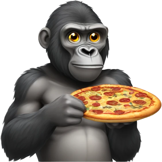 A lanky gorilla wearing a tutu eating pizza emoji