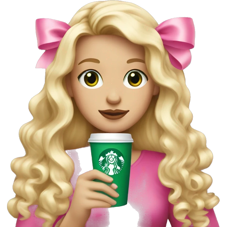 blonde with green eyes drinking pink starbucks wearing a pink bow in long wavy blonde hair emoji