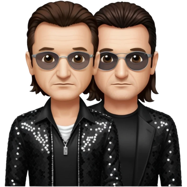 Bono from U2 with long dark brown hair, black sequin outfit  emoji