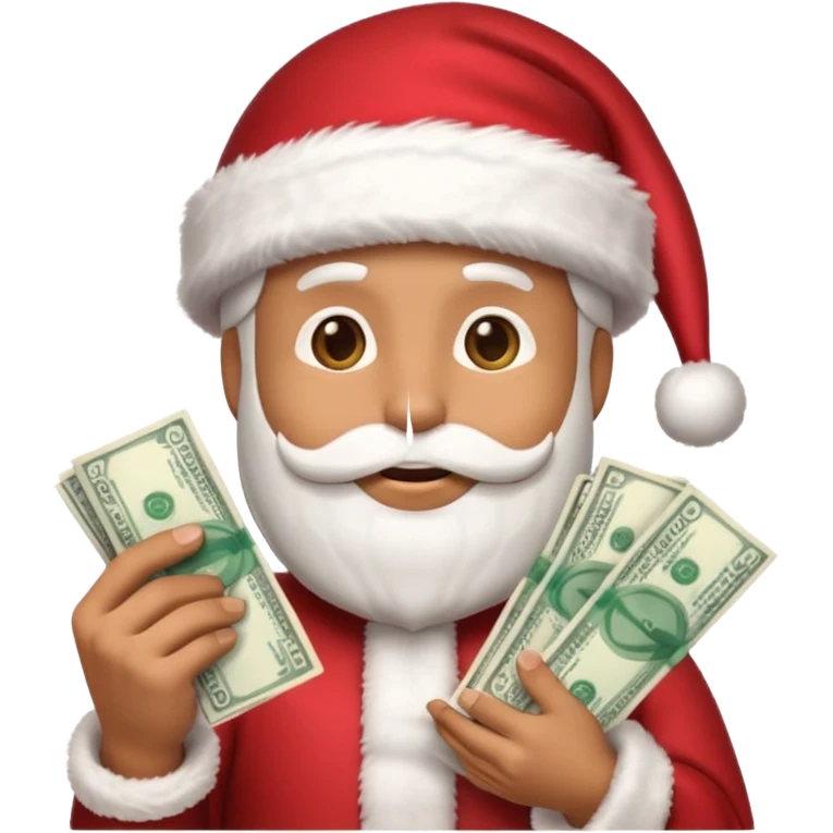 A confident rich emoji face wearing a Santa hat, money stacks, casino vibe, New Year theme, premium 3D emoji style, sharp details, no text, isolated on transparent background emoji