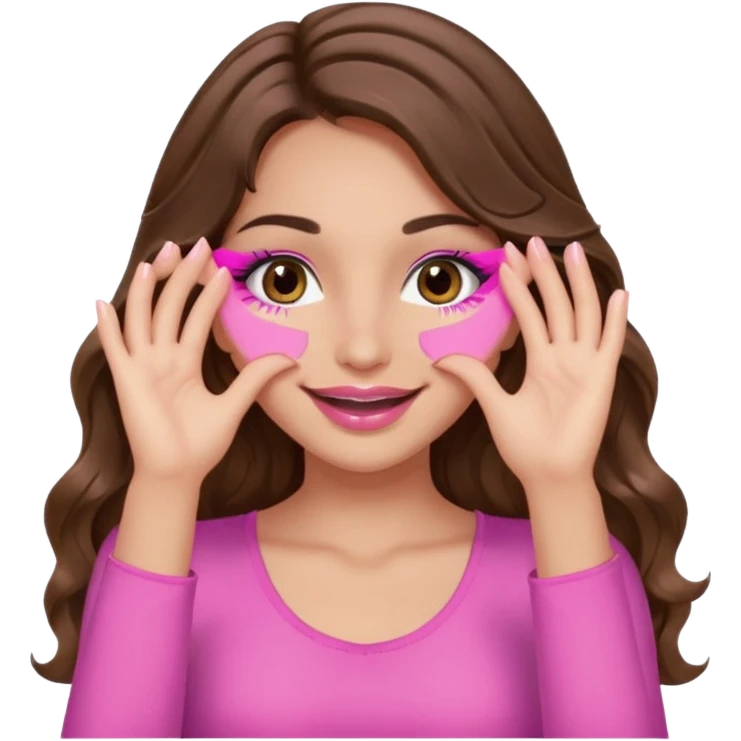 girl with long wavy brown hair, brown eyes, long lashes, sexy pink lips, light to medium complexion, wearing a pink sexy top, smiling, hands covering over the eyes emoji