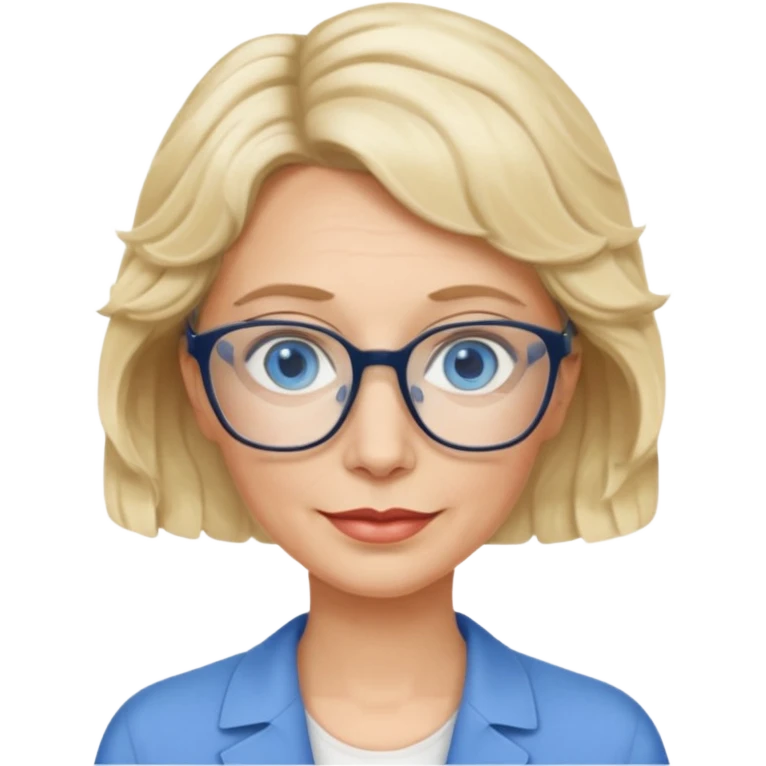 woman 60 very short weavy blonde haire, rectangle glases, blue eyes emoji