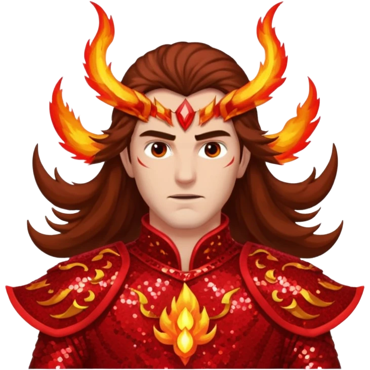Vulcan, God of Fire from Gods and Goddesses with long brown hair, fiery red sequin outfit emoji