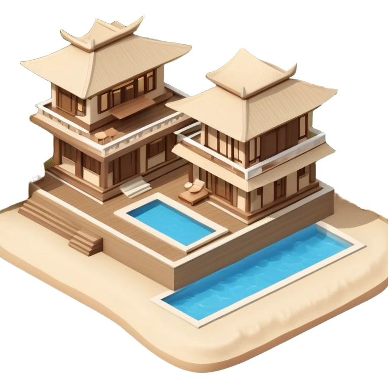 Isometric exterior brown and beige luxury Balinese beach resprt, dollhouse style 3D realistic  emoji