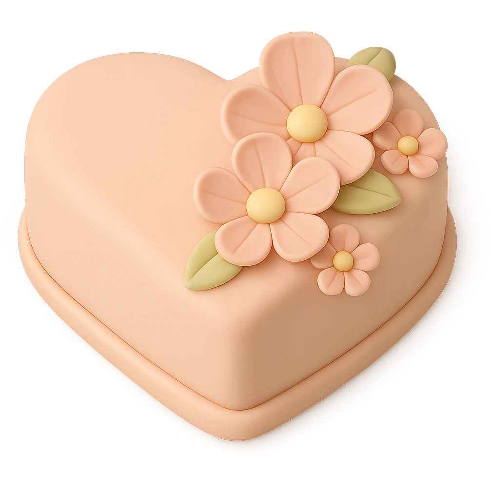 Remove the birthday candles, keep only the heart-shaped fondant cake with pink flowers, fondant cake art style, transparent background. emoji