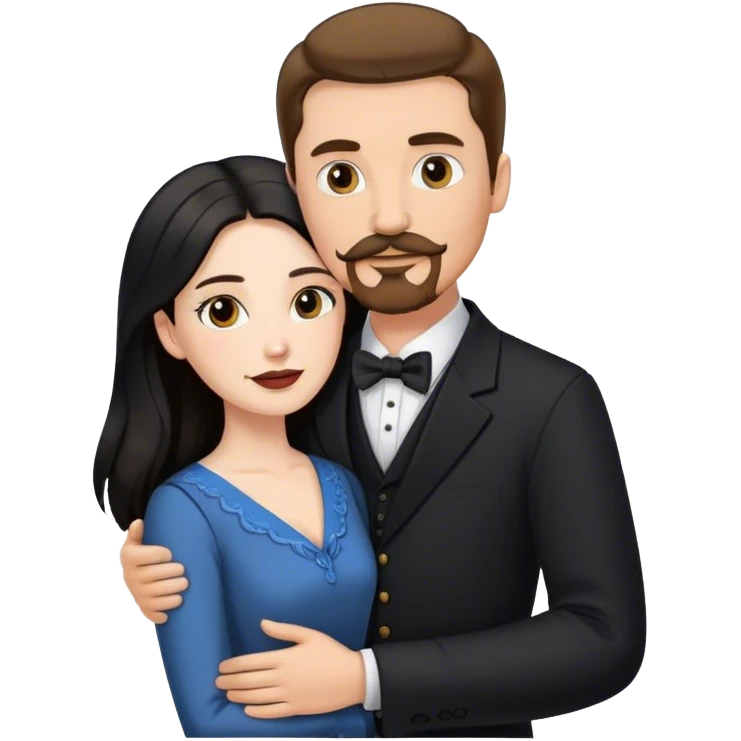 tall white man with brown hair goatee mustache hugging a pale woman with long black hair, wearing formal clothing emoji