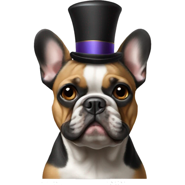 Black-and-tan French bulldog wearing a clown hat emoji