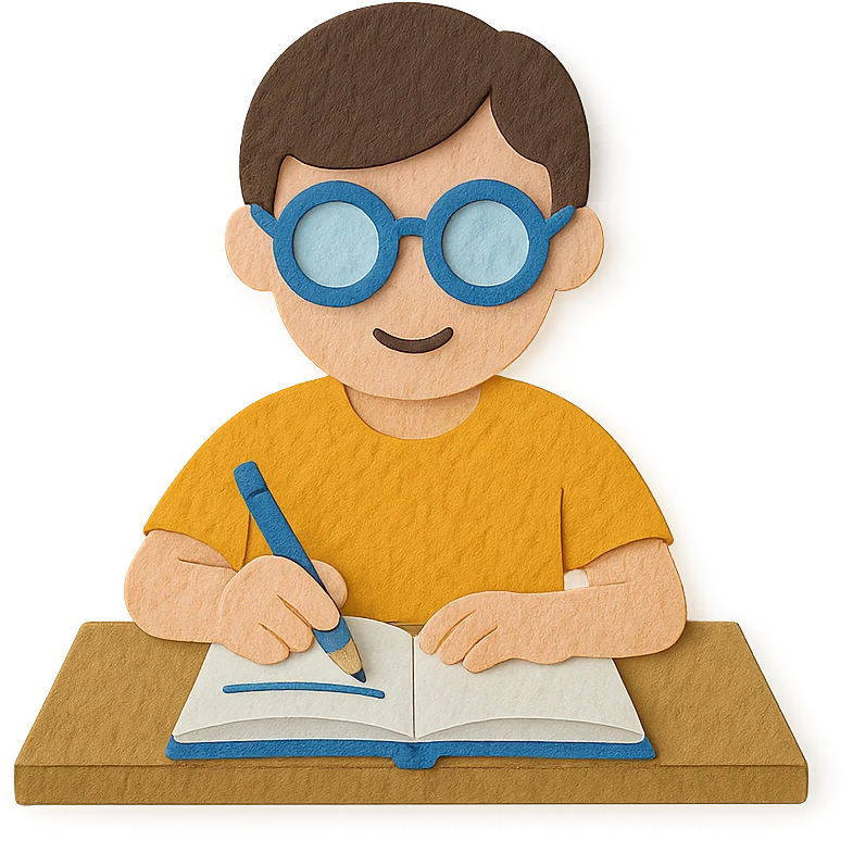 student studying, paper craft style, three-dimensional paper texture, desk and notebook emoji