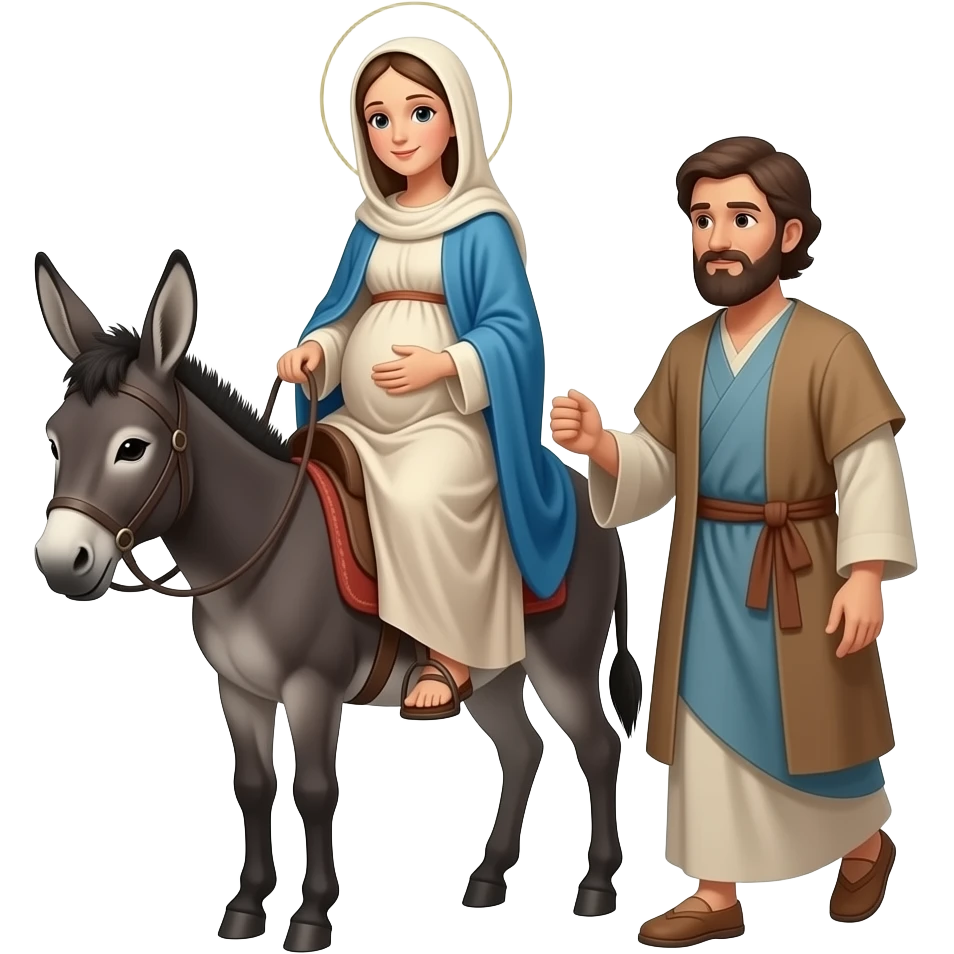 Virgin mary pregnant riding a donkey with her husband Joseph walking emoji
