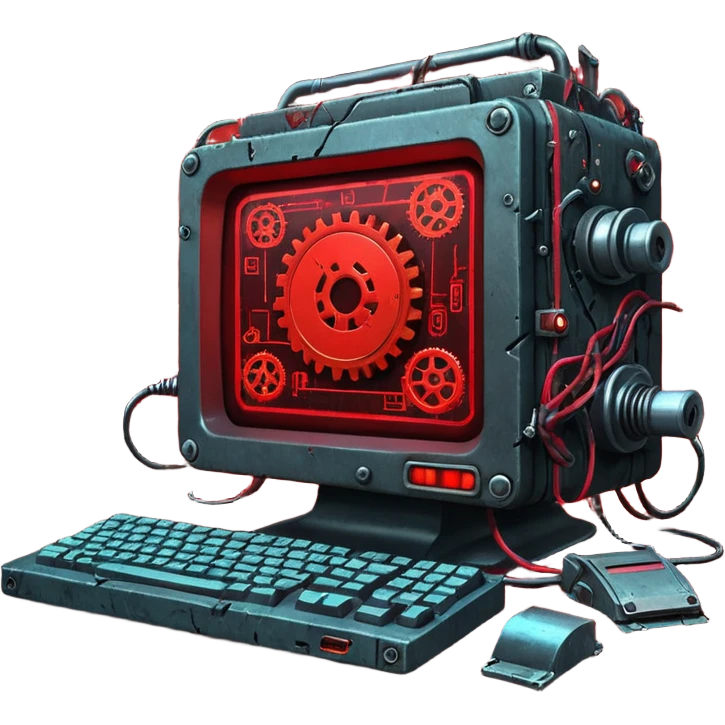 Old cyberpunk computer filled with junk drives and corrupted code, glowing error lights, sparks flying as gears grind and malfunction, interface full of broken UI elements and trash icons, dark gritty sci-fi setting, detailed close-up emoji