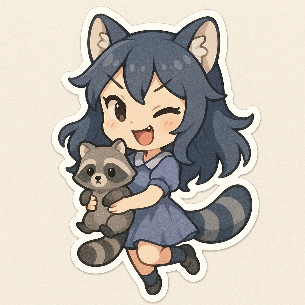 Chibi stickers style raccoon girl holding a small raccoon, playful and mischievous expression and pose. emoji