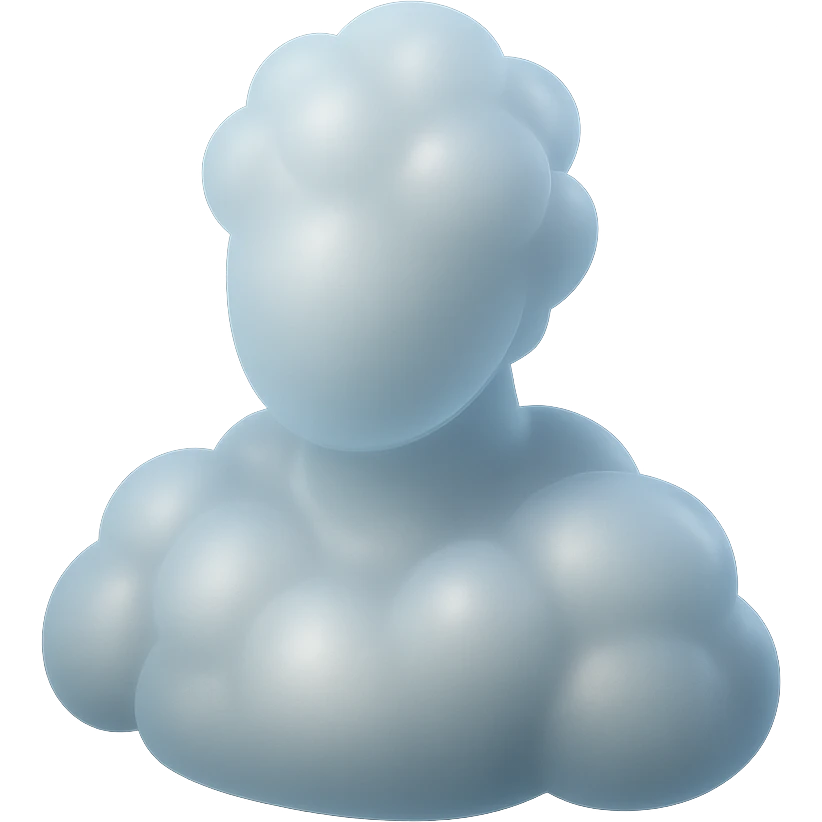 person made entirely of white fluffy convex clouds, shoulders up, front view, matte glass style, no background emoji