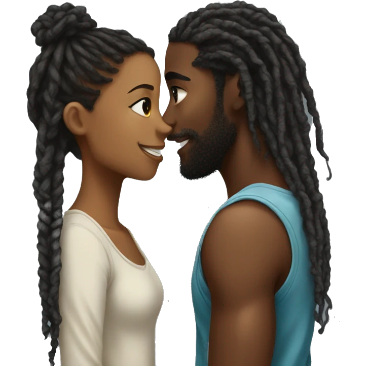 A back boy with dreads and a black girl with a long curly ponytail about to kiss emoji