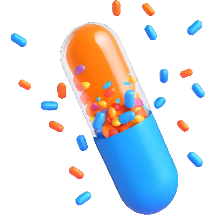 playful, high-quality 3D style celebration emoji featuring a glossy orange and blue medical capsule split open with shiny, multicolored confetti bursting out, capsule floating, confetti dynamic explosion emoji