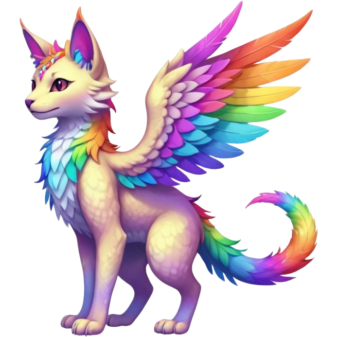 Kawaii neon colorful with divine celestial feather-wing-ears rainbow iridescent fantasy ethereal feline-vernid-sergal-fursona animal creature with a tufted tail full body with intricate markings emoji