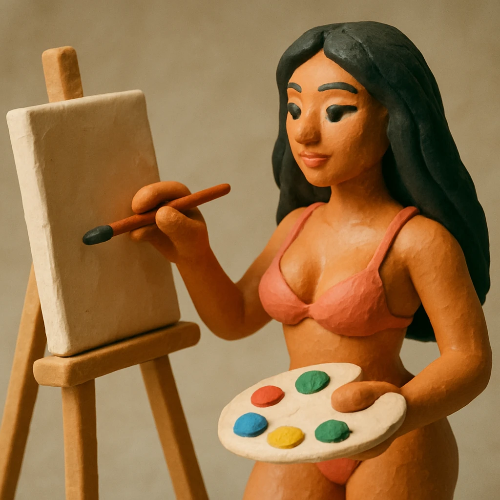 sexy tanned woman artist with long black hair, painting at an easel, holding a paint palette and brush, in claymation style emoji