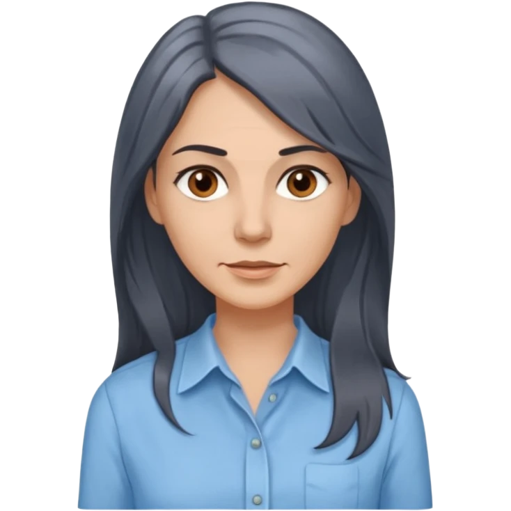 vit 50-årig kvinna med grå slingor i jättelångt mörkbrunt hår bruna ögon ljusblå skjorta med översta knappen uppknäppt emoji