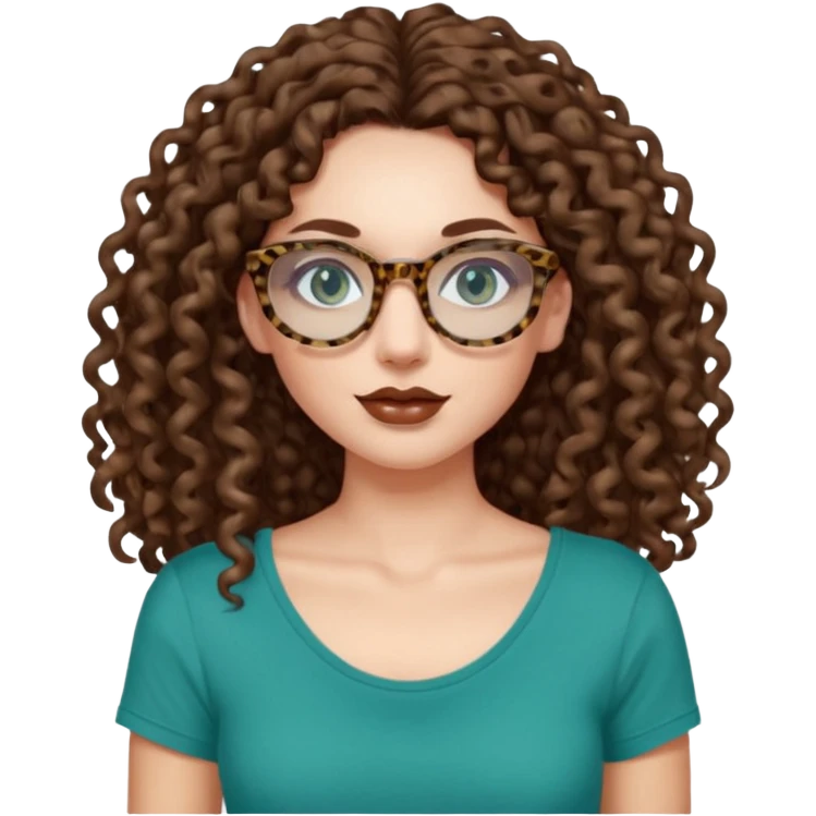 a blue green eyed woman with very very long brunette curly hair, full lips,and pale skin. She is wearing a leopard printed thin round-ish glasses . She is wearing a brown tshirt with a wide neck opening. emoji