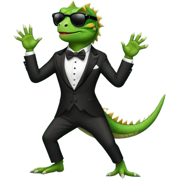 capitalist iguana in tuxedo and black sunglasses dancing emoji