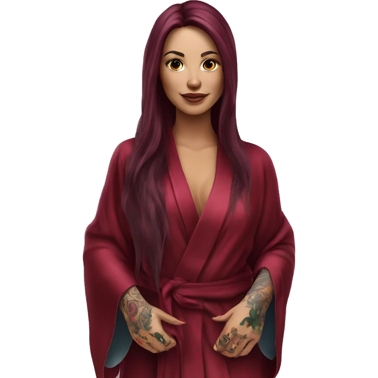Beautiful tattooed burgundy long haired woman in silk robe emoji