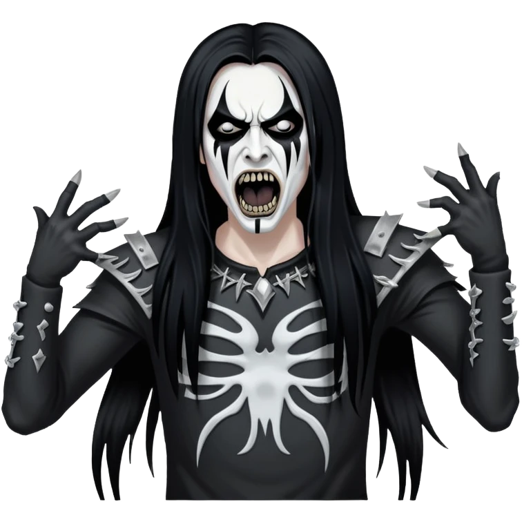 Black metal musician with corpse paint, long hair, screaming emoji