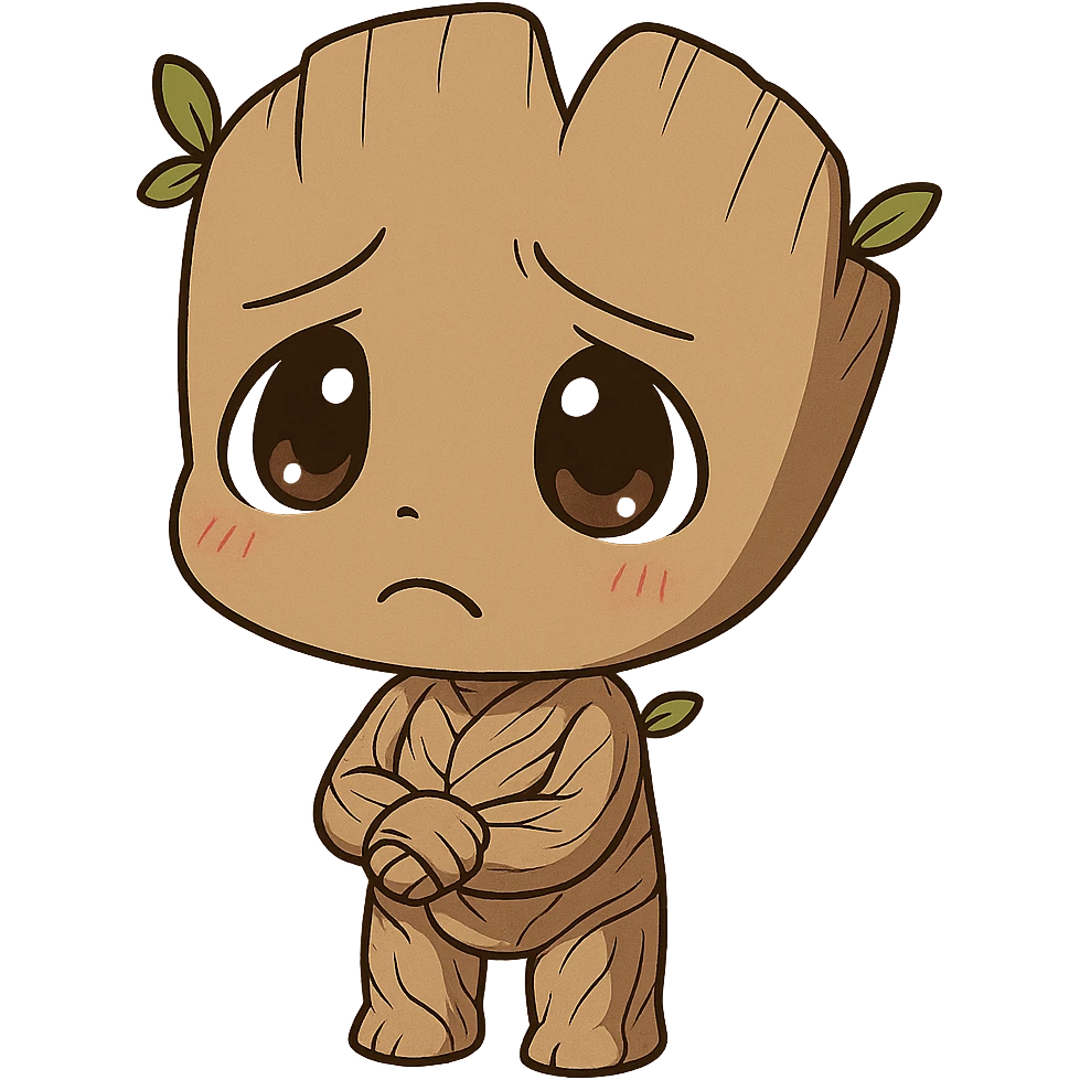 Make Groot more chibi with a sad expression in an anime style. Remove the background. emoji