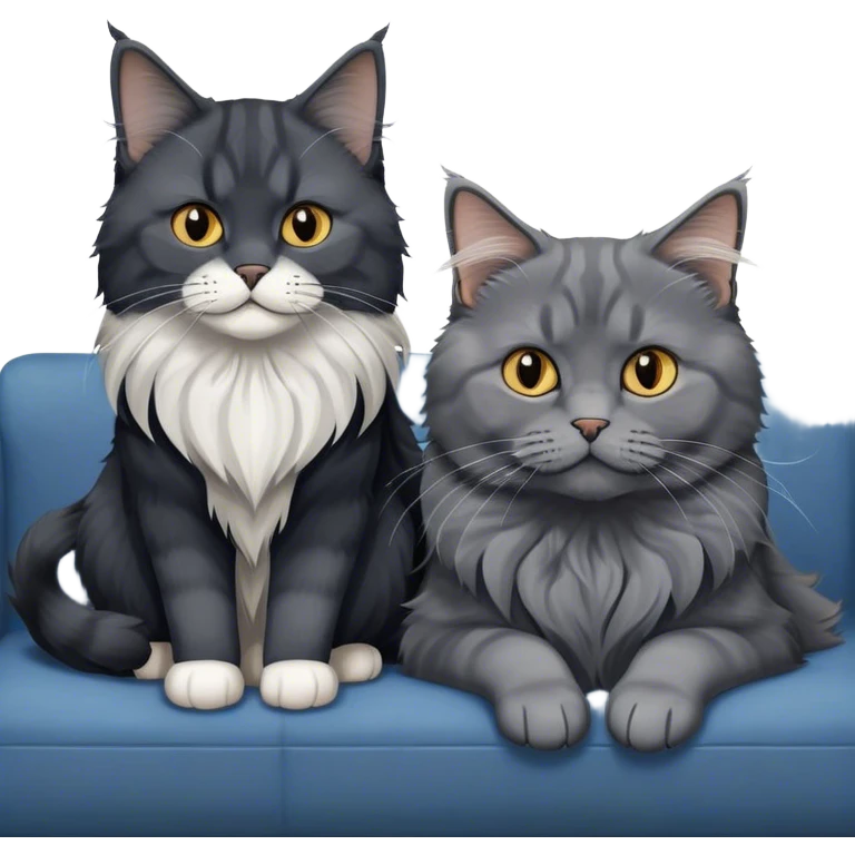 Portrait of a black smoke Maine Coon cat with long grey ear tufts, alongside a British Shorthair cat with a solid blue coat on sofa. Both cats with detailed fur textures and playful expressions. Soft, elegant background of room with warm, natural tones. Transparent background. emoji