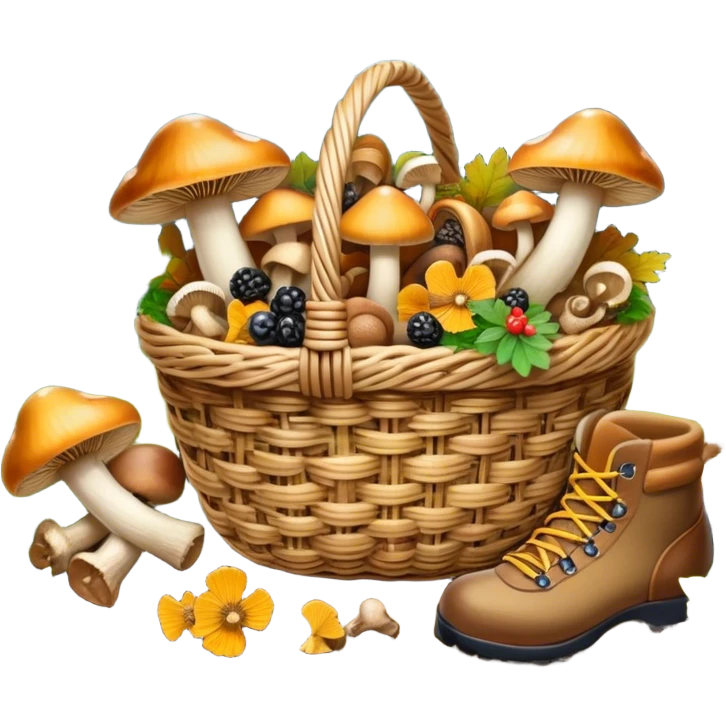 Icon for Mushroom and Berry Tourism: a basket filled with mushrooms chanterelles, boletus and aspen and berries, surrounded by forest elements like trees, leaves and a hiking boots. The icon should capture the joy of foraging in nature. Transparent background. emoji
