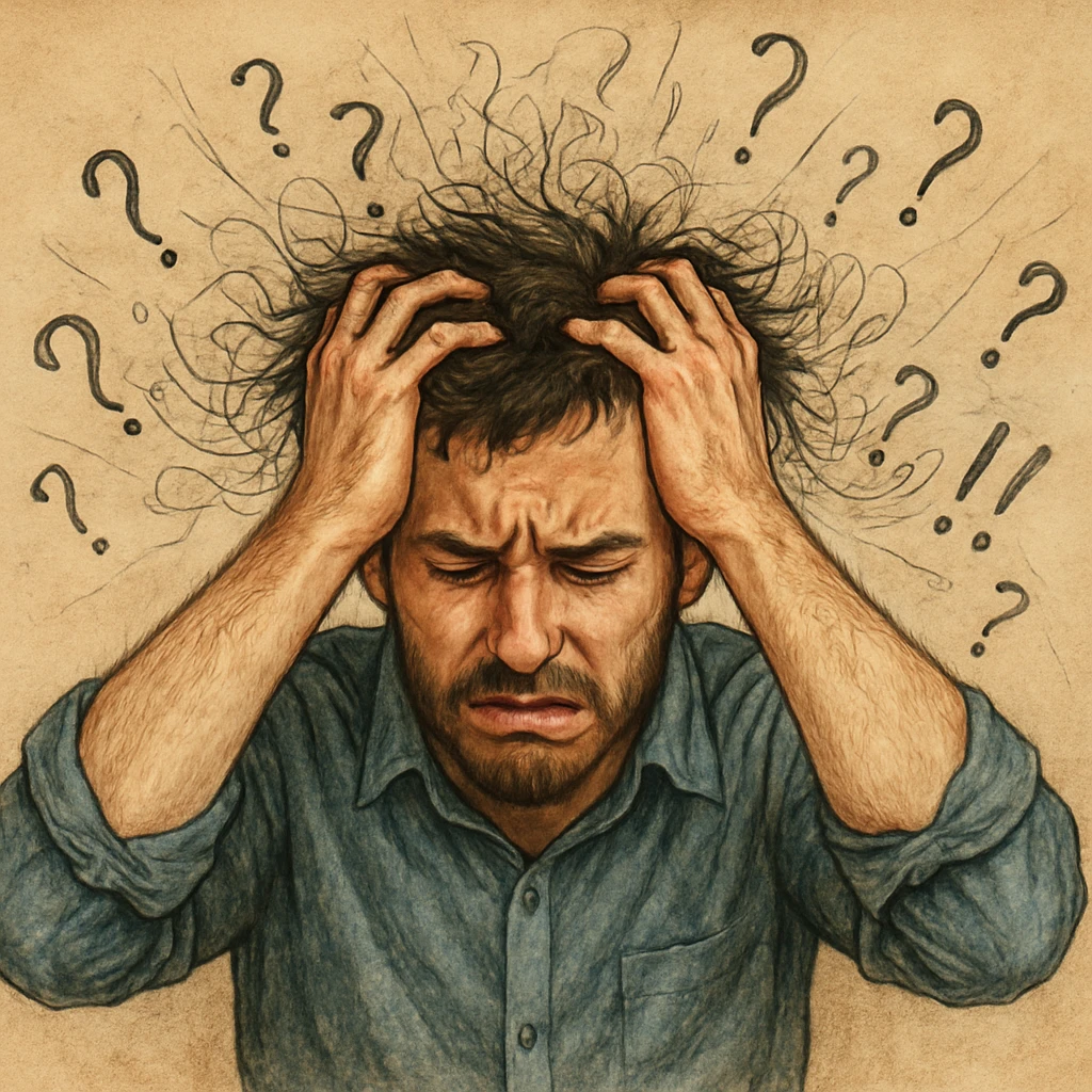 Realistic or illustrative style image of a 30-year-old man suffering from anxiety, inspired by the reference image. The man has hands in his hair with closed eyes. The background contains chaotic lines and question marks, conveying an atmosphere of mental confusion. emoji
