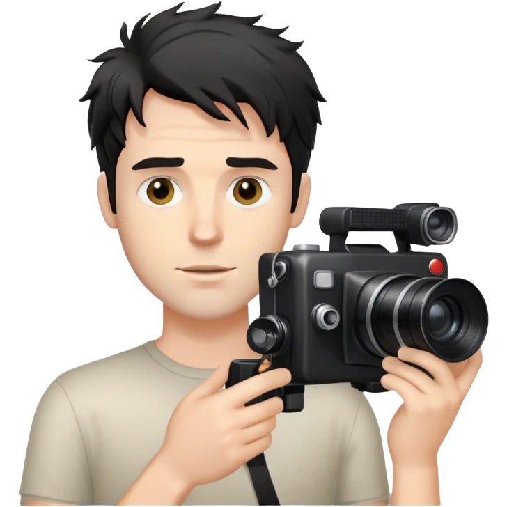 a white man with black messy hair holding a foto camera emoji