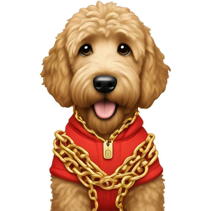 golden doodle wearing a red track suit and chains emoji