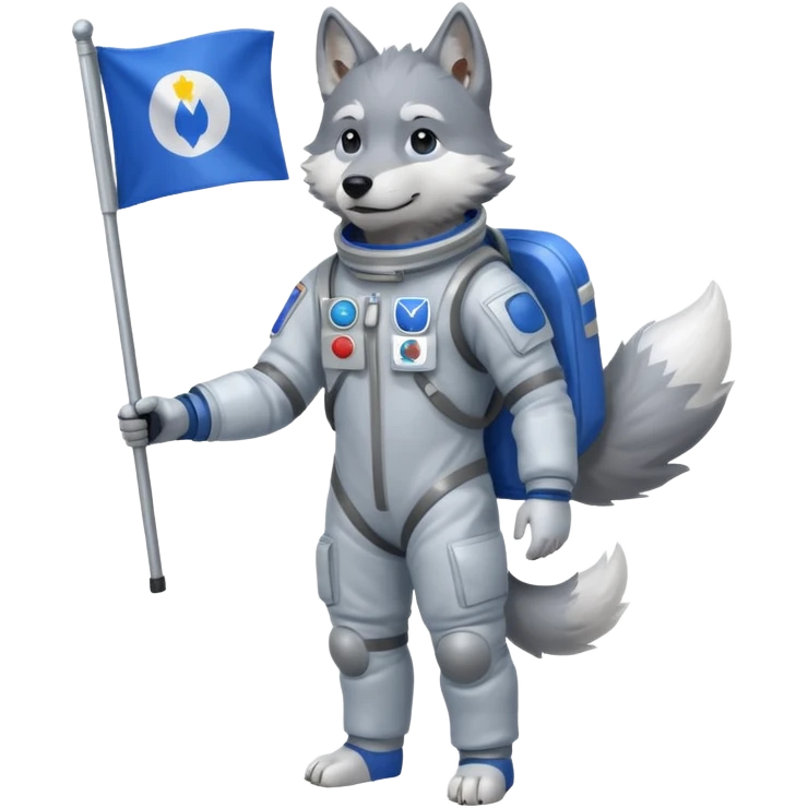 a wolf in space suit, holding blue rectangle flag, full body emoji