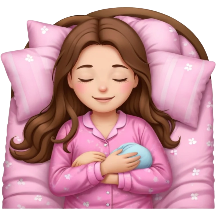 The brown long hair girl going to sleep in pink pajama with smile and closed eyes emoji