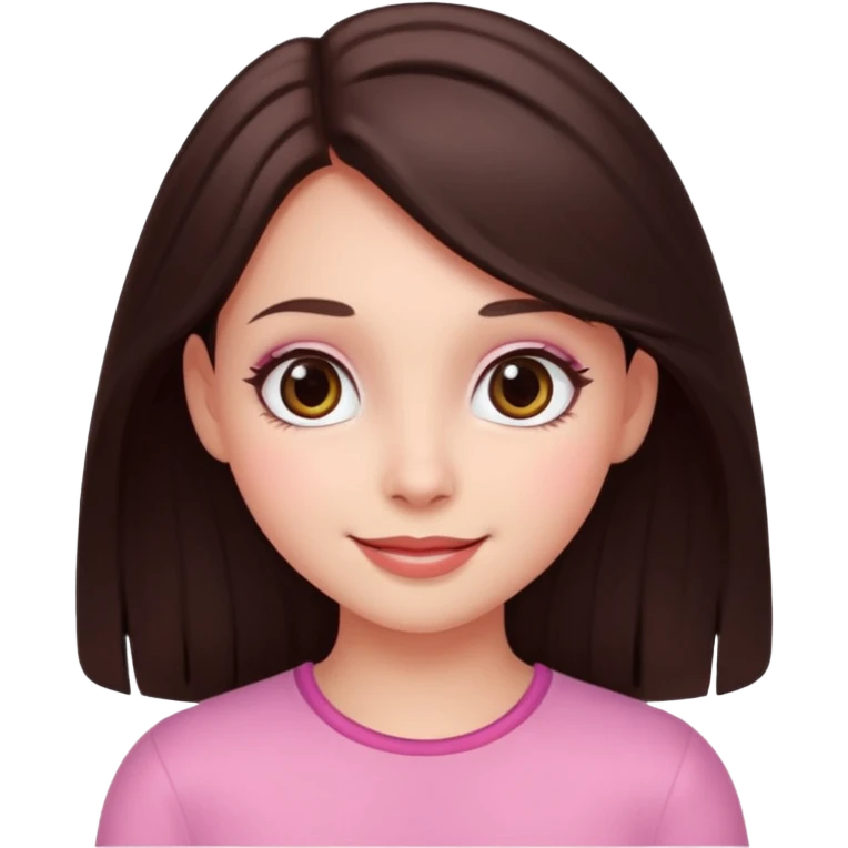 An emoji featuring a girl with dark brown long hair, brown big eyes, light pinkish skin, red cheeks,  emoji