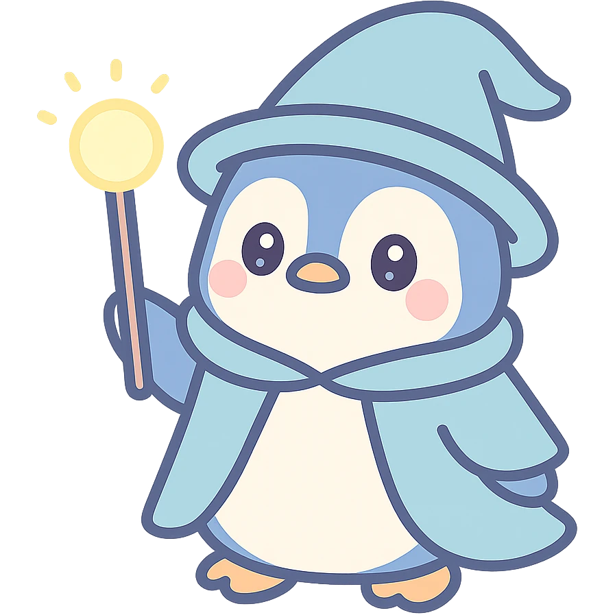 cartoon penguin wizard, blue cloak, glowing staff, friendly expression emoji
