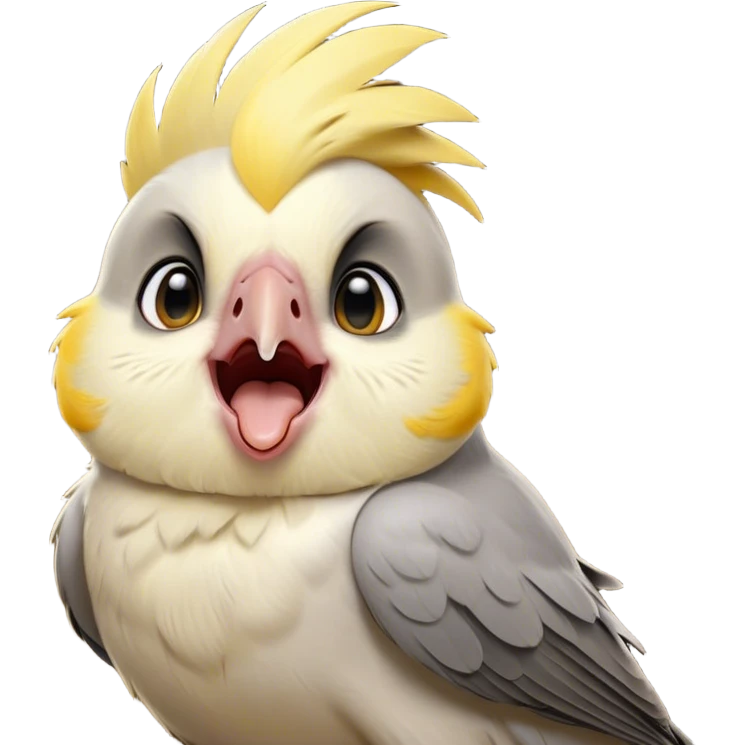 Cinematic Cute Yawning Cockatiel Portrait Emoji, Head tilted slightly with a dramatic, wide-open yawn, showcasing a soft grey fur with subtle yellow accents and gently drooping crest feathers, round dark eyes barely open in drowsy contentment, Simplified yet irresistibly adorable features, highly detailed, glowing with a soft, cozy glow, high shine, relaxed yet expressive, stylized with a touch of whimsy, bright and endearing, soft glowing outline, capturing the essence of a sleepy yet affectionate cockatiel, so drowsy it feels like it could stretch out of the screen and curl up for a nap! emoji