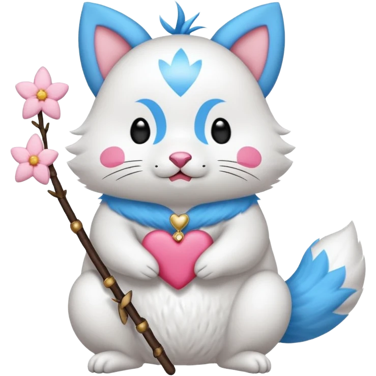 GENERATE ME A MOMONGA WHITE ANIMAL  FROM CHIIKAWA AND PUT A SAKURA FLOWER ON HIS HEAD AND A STAR PELT ON HIS BELLY AND A HEART PURSE ON HIS ARM WITH HIS FACE MAKE HIS TOUNGE STICK OUT WITH A LITTLEPINCH OFDROOL AND MAKE HIM ANIME STYLED ART GIVE HIM A BIG BLUE FLUFFY TAIL emoji