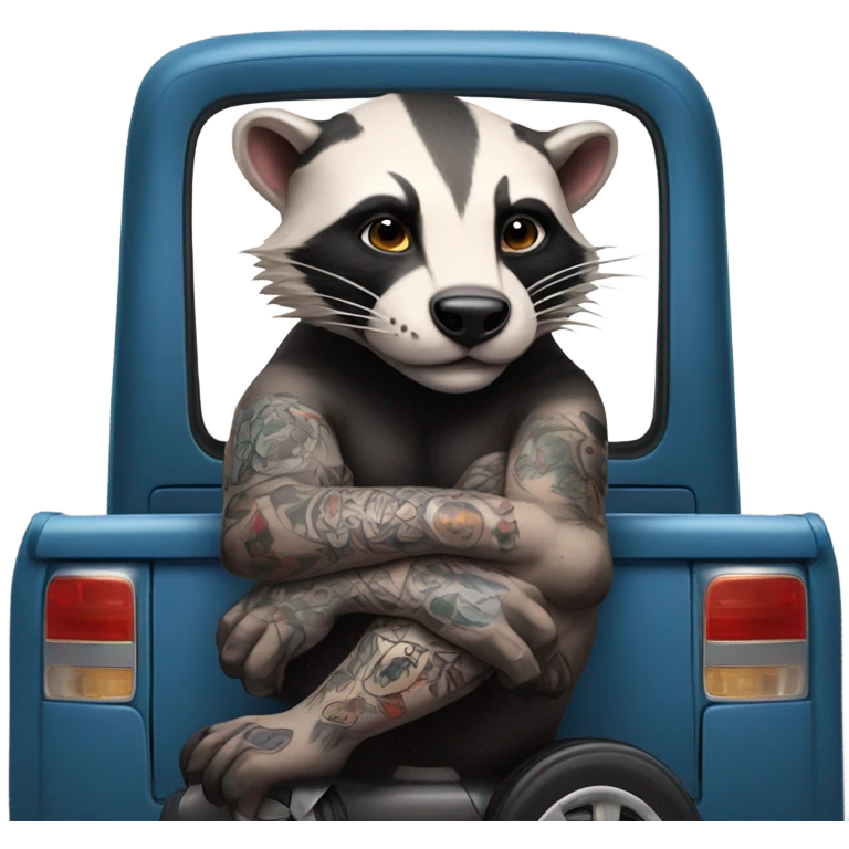 American Badger with muscles and tattoos driving a truck emoji