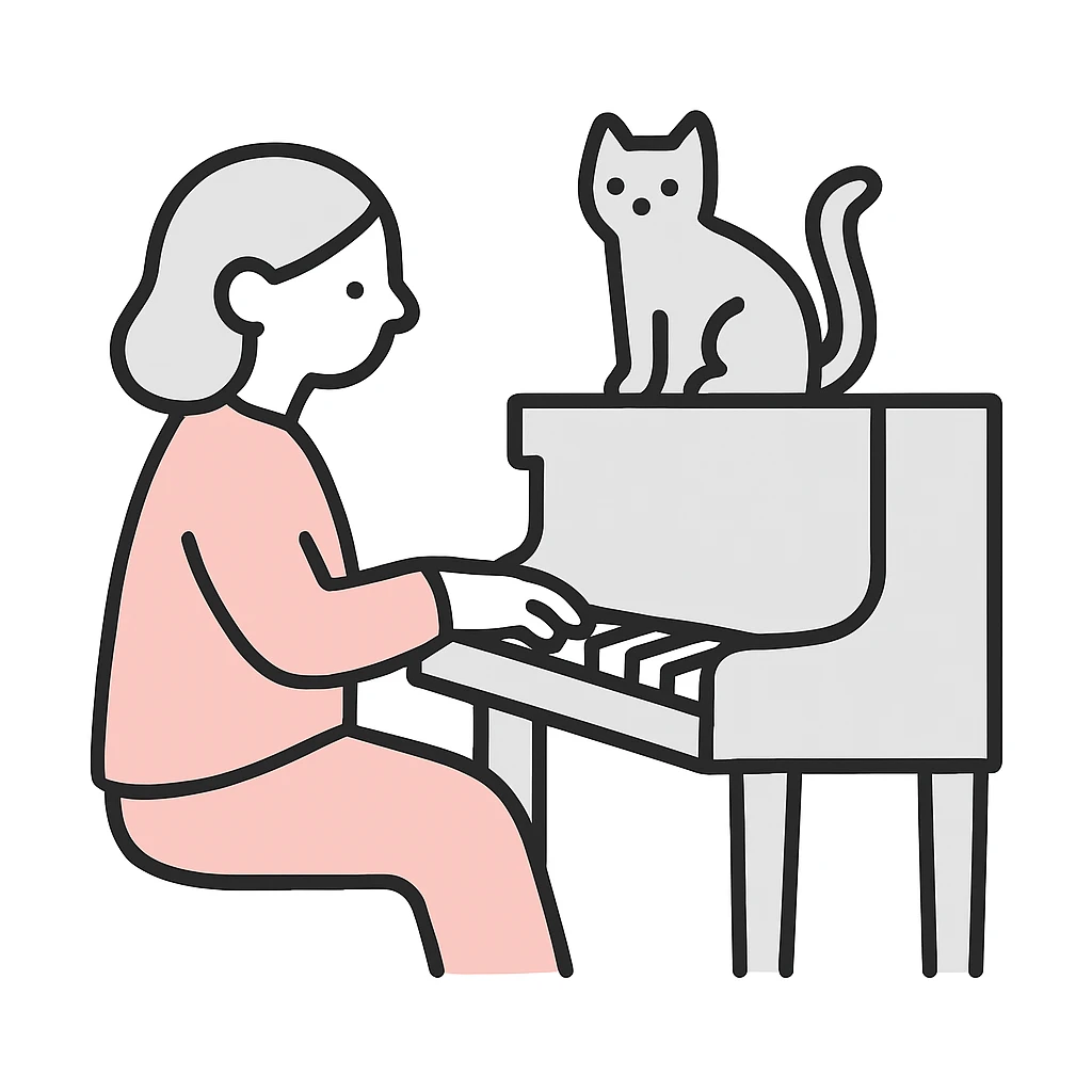 woman playing piano while her cat sits on top of the piano emoji