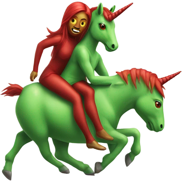 four-legged green unicorn white. a red amazon alien woman, on a unicorn emoji