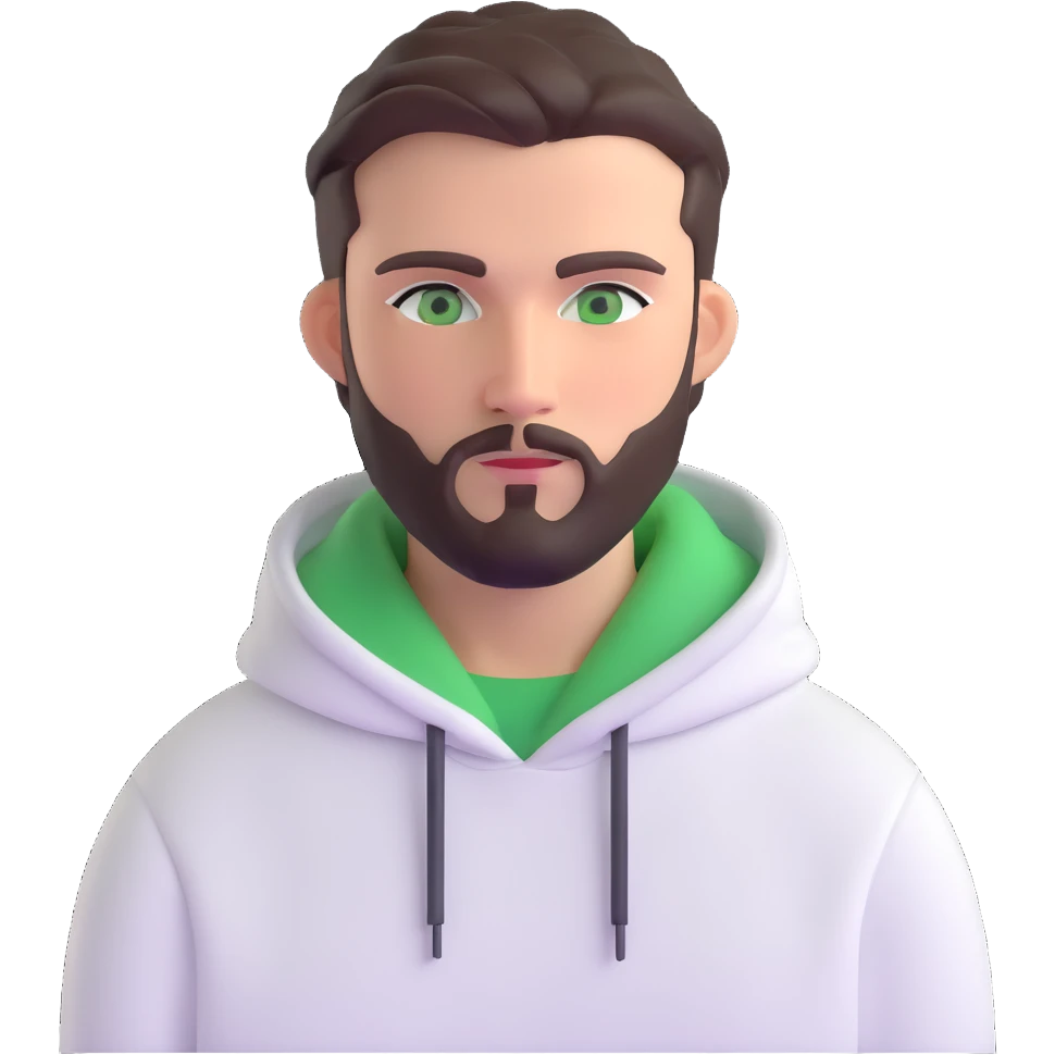 man with short full beard, dark brown undercut hairstyle, white hoodie, and green eyes emoji