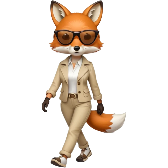 serious anthropomorphised female fox in stylish casual outfit with sunglasses, walking with confidence, full-body emoji