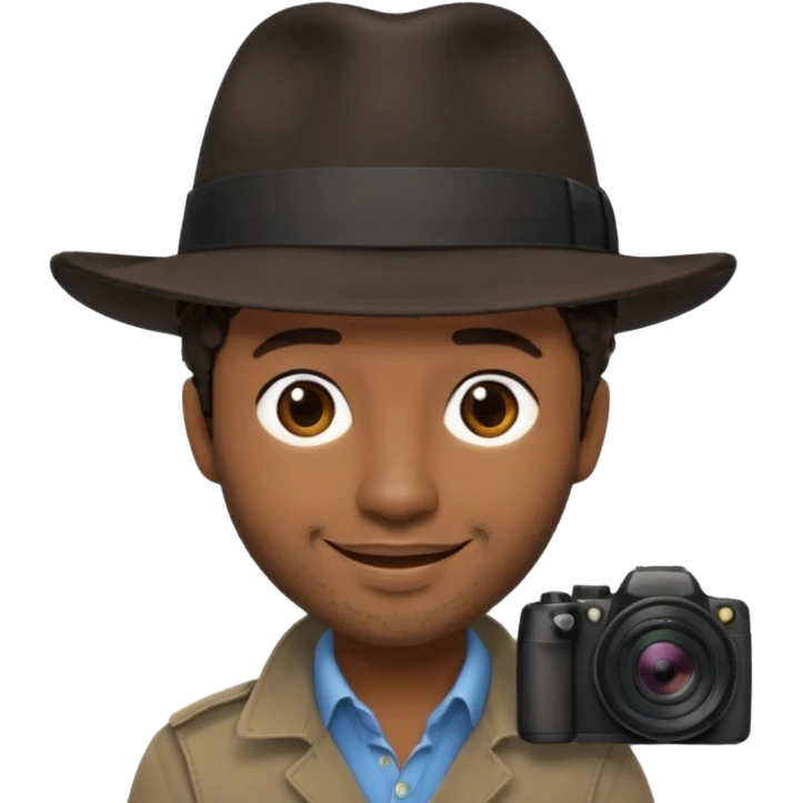 Black photographer wearing black fedora, short dark brown hair, naturally messy, stubble, smiling emoji