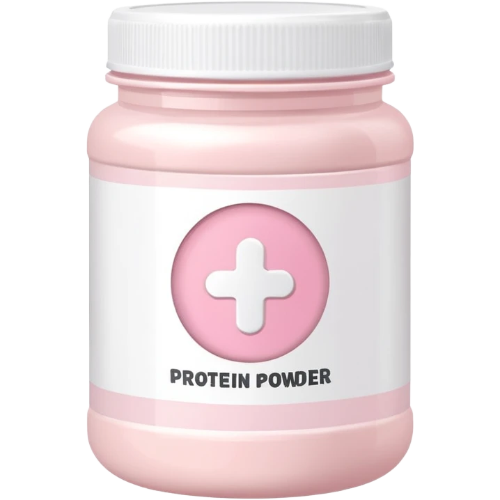 White protein powder jar with pastel pink label, clean design emoji