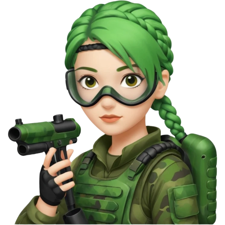 paintball player face girl braided green hair emoji
